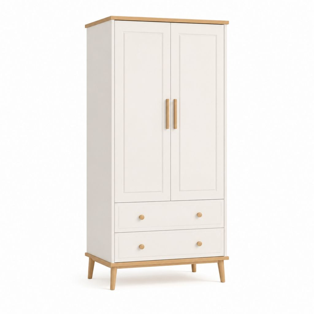 Armadio guardaroba 2 ante con 2 cassetti bianco in MDF e pino rettangolare 90 x 50 x 190 cm