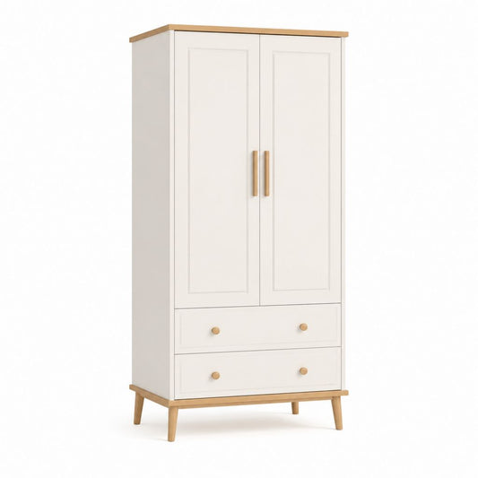 Armadio guardaroba 2 ante con 2 cassetti bianco in MDF e pino rettangolare 90 x 50 x 190 cm