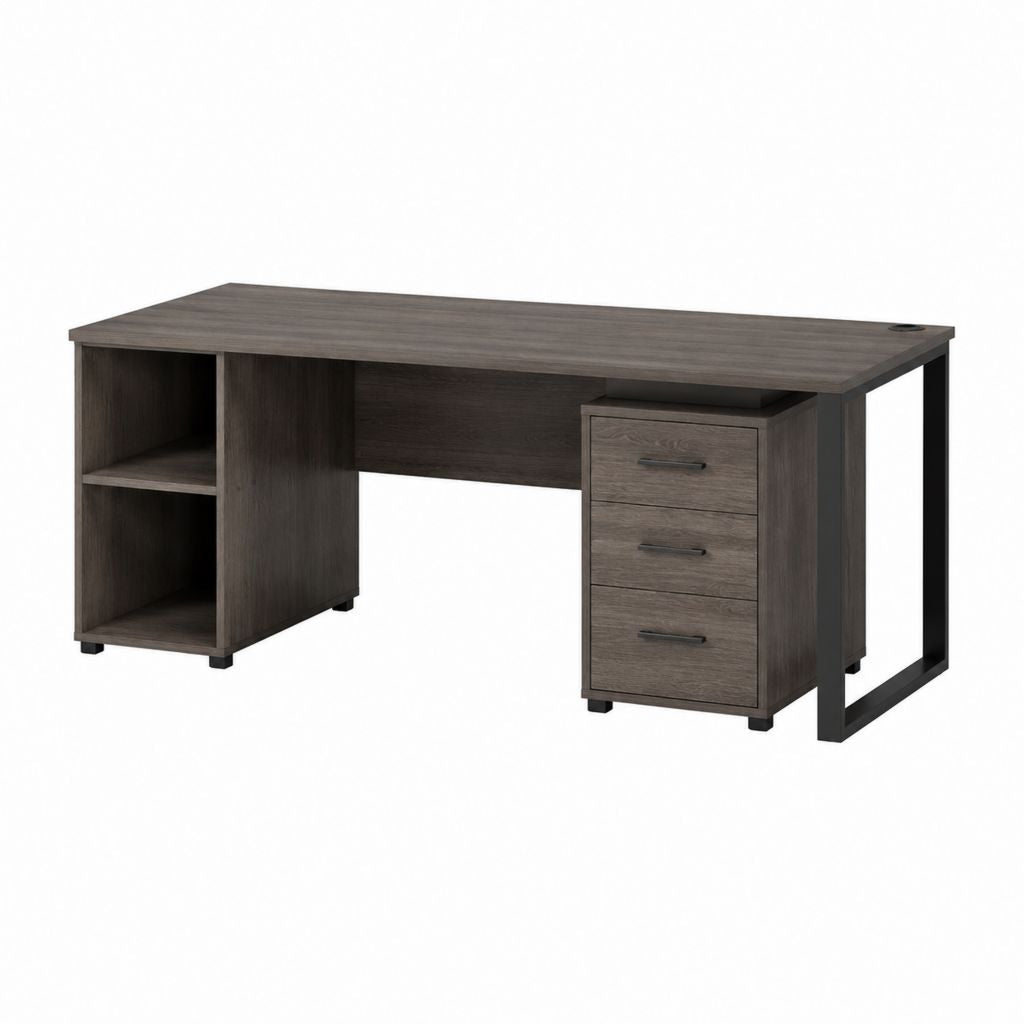 Scrivania ufficio rettangolare rovere scuro in pannello truciolare e acciaio con 3 cassetti e 2 ripiani 150 x 60 x 75 cm