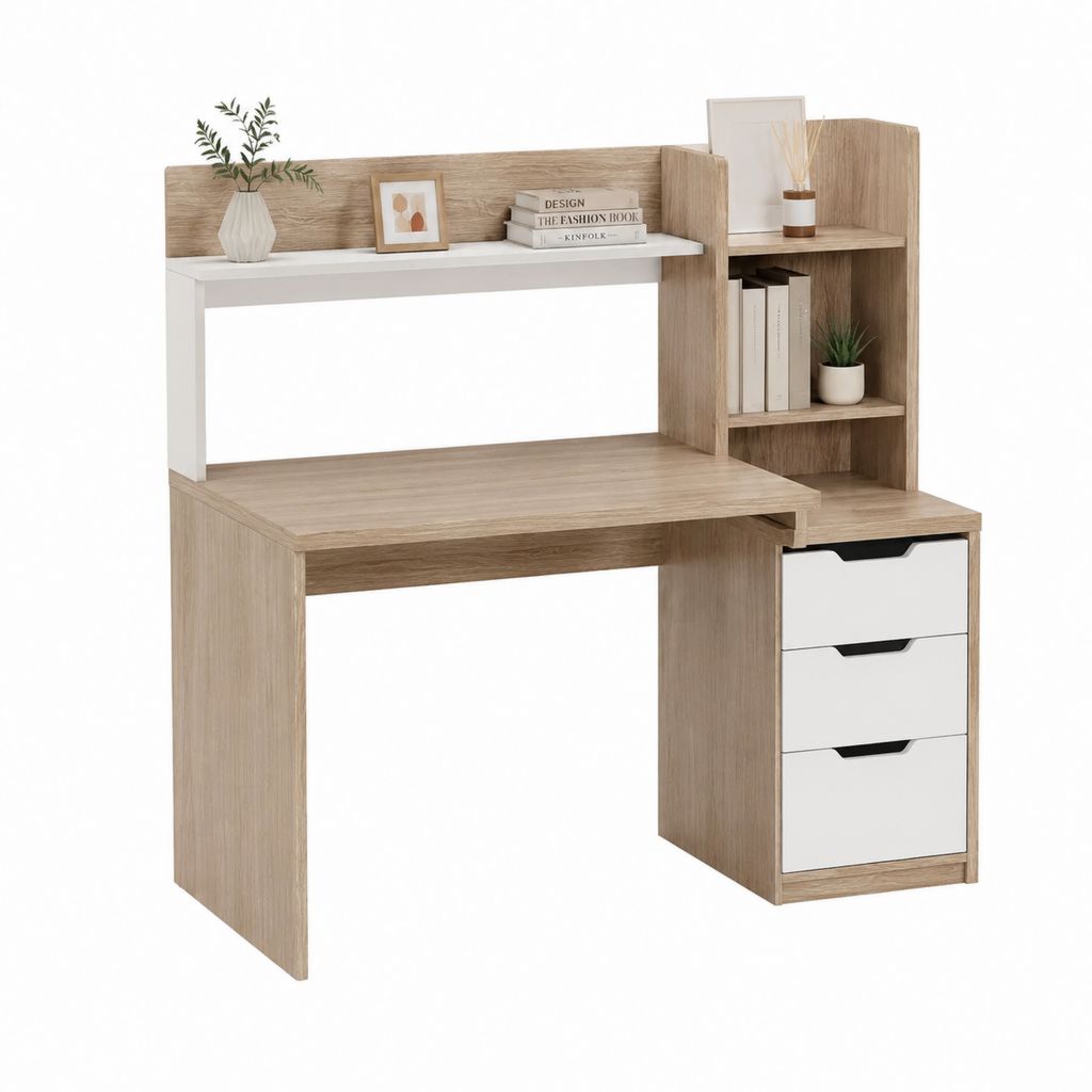 Scrivania con libreria e 3 cassetti rovere chiaro e bianco in truciolare nobilitato 120 x 60 x 140 cm