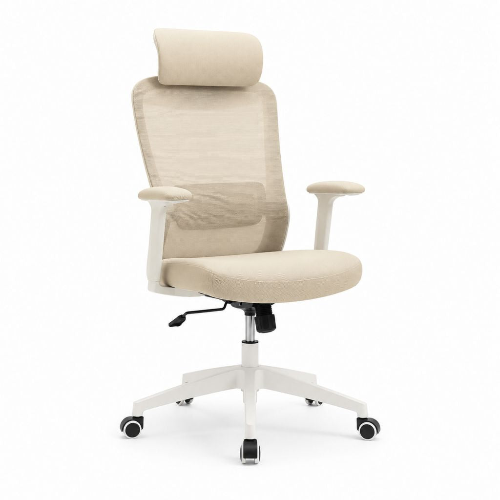 Sedia da ufficio ergonomica beige in rete di poliestere con poggiatesta ruote e schienale alto 64 x 64 x 118-128 cm