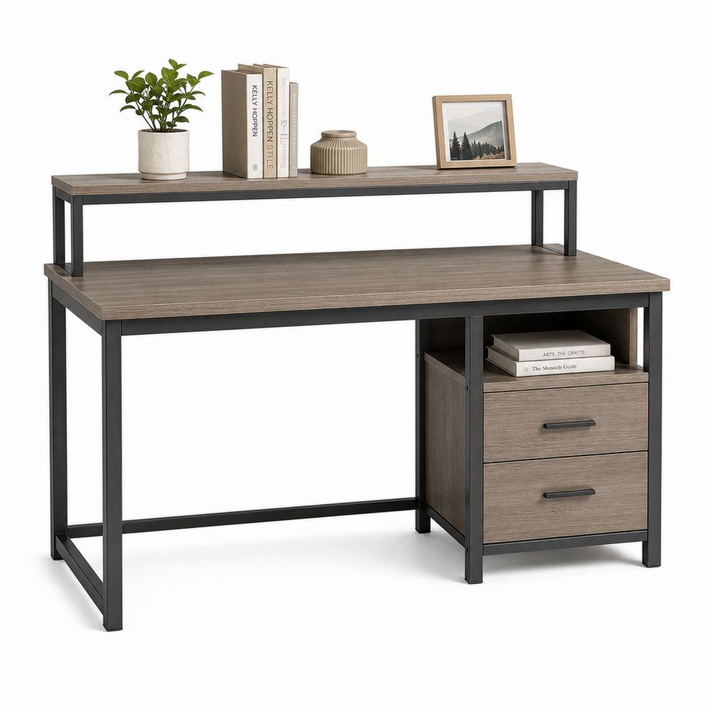 Scrivania tradizionale con cassetti e mensola rialzata marrone e nero in MDF e acciaio 120 x 60 x 90 cm