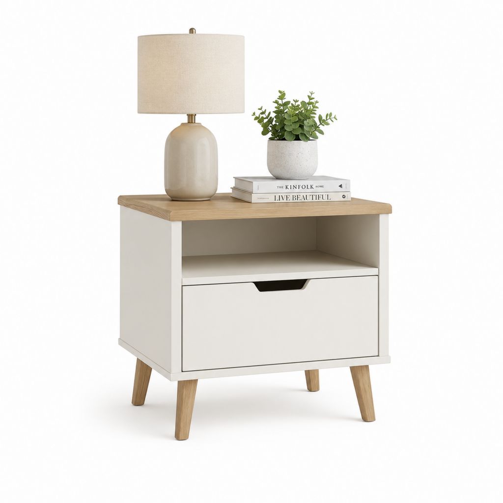 Comodino con cassetto e vano aperto bianco e rovere in MDF rettangolare 50 x 40 x 60 cm