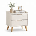 Comodino bianco in MDF con 2 cassetti e gambe in legno massello 40 x 35 x 55 cm