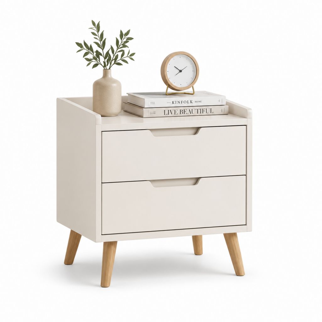 Comodino bianco in MDF con 2 cassetti e gambe in legno massello 40 x 35 x 55 cm