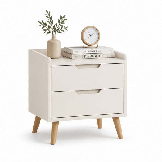 Comodino bianco in MDF con 2 cassetti e gambe in legno massello 40 x 35 x 55 cm
