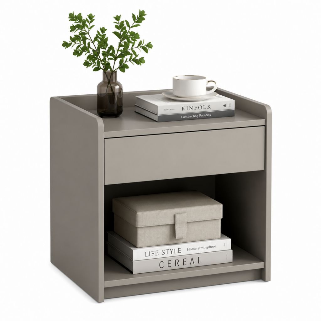Comodino rettangolare con cassetto e vano a giorno grigio tortora in MDF 40 x 35 x 55 cm