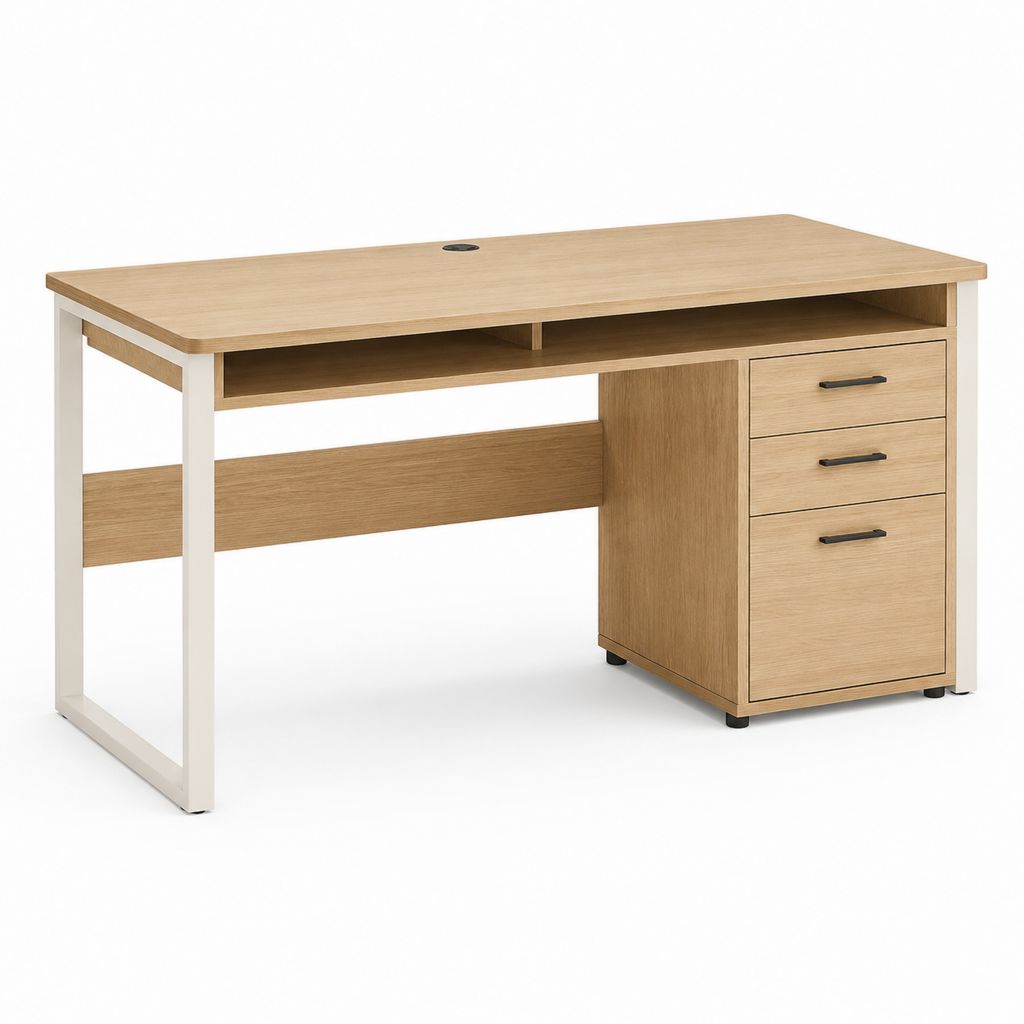 Scrivania ufficio rettangolare con cassettiera 3 cassetti rovere e bianco in pannello truciolare e acciaio 120 x 60 x 75 cm