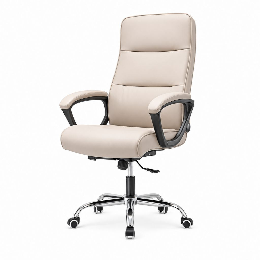 Sedia da ufficio girevole beige in pelle PU con schienale alto e braccioli 64 x 63 x 112-122 cm