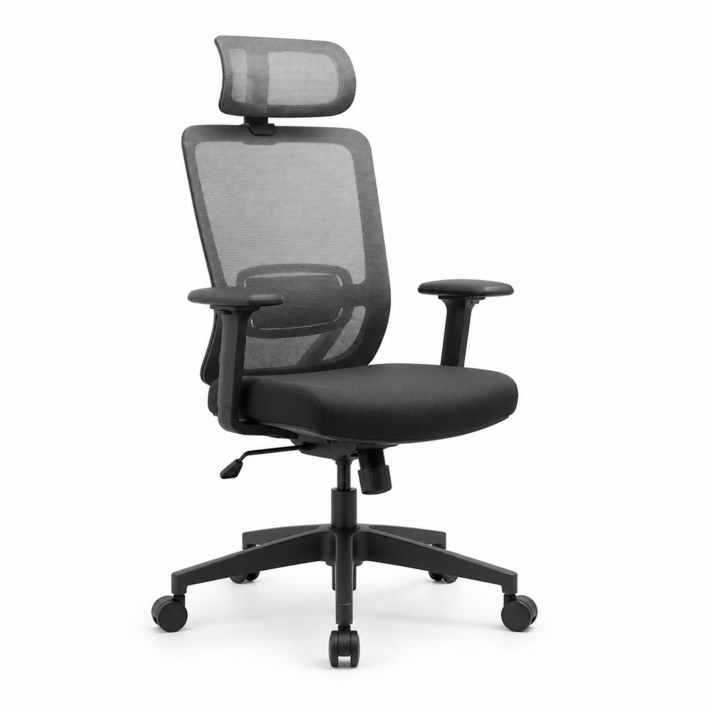 Sedia da ufficio ergonomica nera in rete di poliestere con poggiatesta e braccioli regolabili 66 x 66 x 118-128 cm