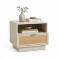 Comodino con cassetto e vano a giorno beige in MDF e rattan rettangolare 60 x 40 x 55 cm